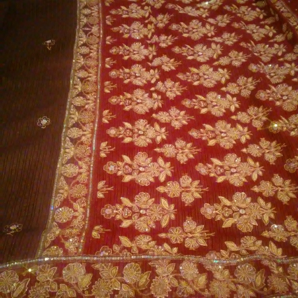 90% off Fancy Red brown embroidery sari fabric!